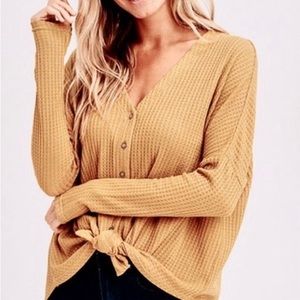 MTS Tan Button down VNeck waffle knit Light Sweater with front tie knot